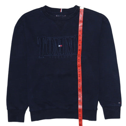 Back view of Tommy Hilfiger boys’ blue crew neck pullover logo sweatshirt, size 164