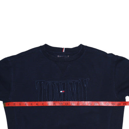 Close-up detail of Tommy Hilfiger boys’ blue crew neck pullover logo sweatshirt, size 164