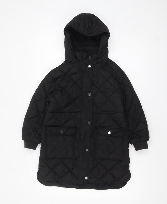 Next Girls Black Quilted Long Hooded Coat 7 Years Winter Jacket