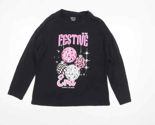 Next Girls Black Festive Era Long Sleeve Cotton T-Shirt - Size 13 Years