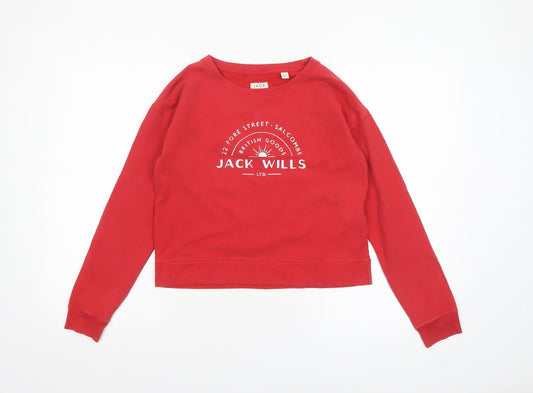 Jack Wills Womens Red Cropped Long Sleeve Crew Neck T-Shirt Size 8
