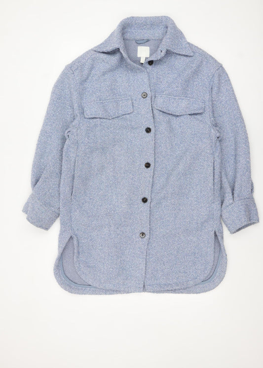 H&M Women Blue Tweed Mid-Length Shacket Jacket XS