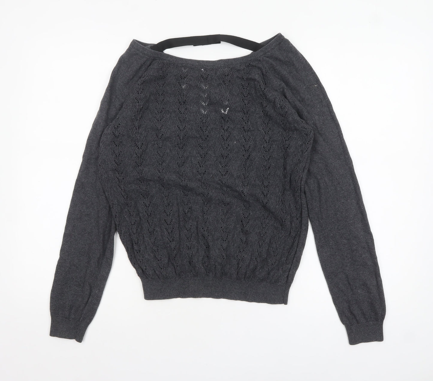 Mango Women’s Grey V-Neck Open-Knit Jumper Size 14