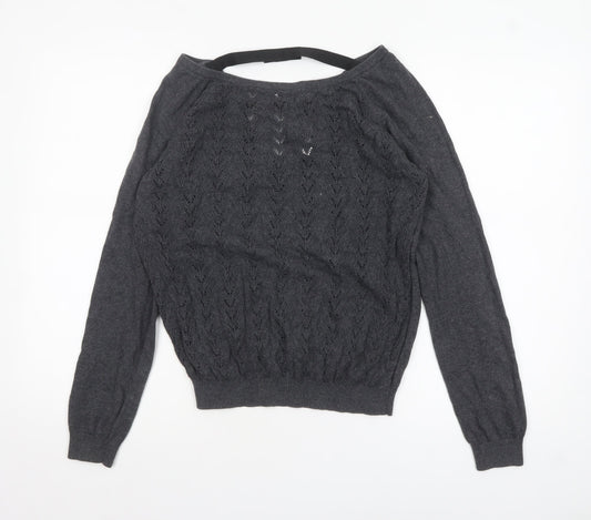 Mango Women’s Grey V-Neck Open-Knit Jumper Size 14
