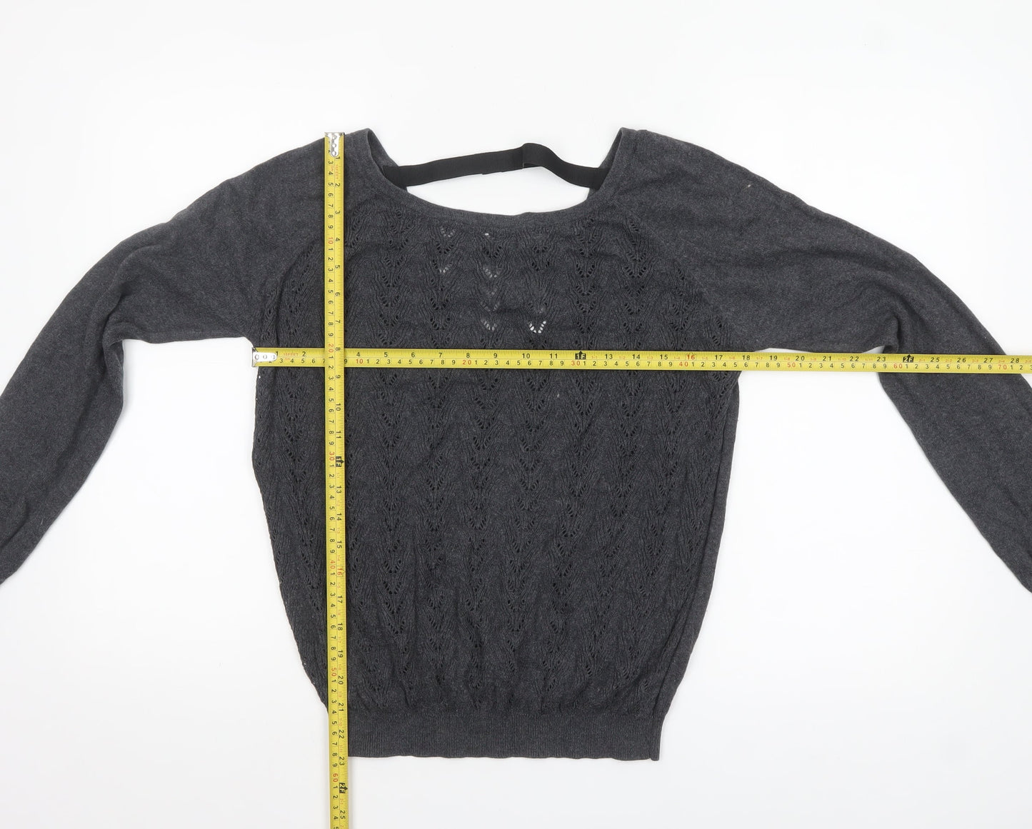Mango Women’s Grey V-Neck Open-Knit Jumper Size 14