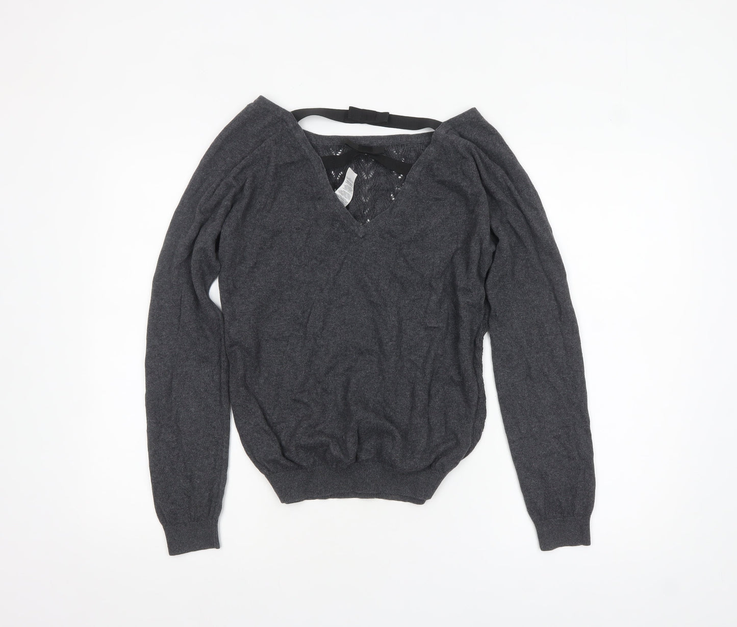 Mango Women’s Grey V-Neck Open-Knit Jumper Size 14