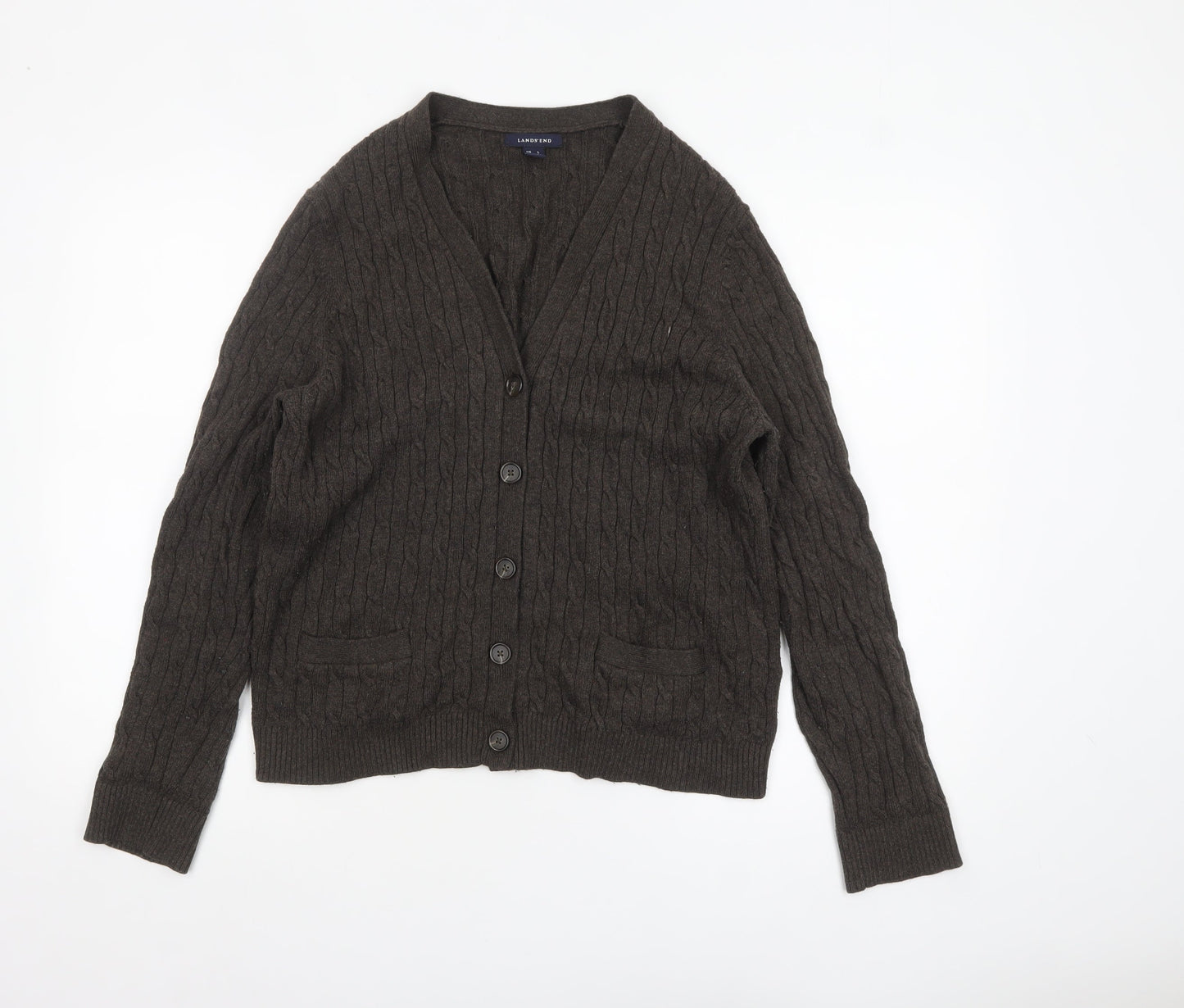 Lands' End Women's Brown Wool Cable-Knit Cardigan L