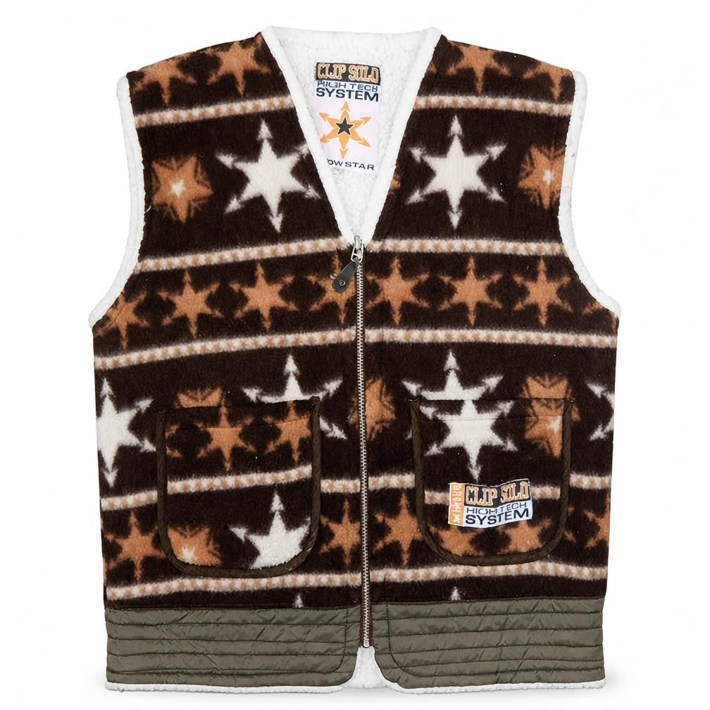Tu Women Brown Star Fleece Zip Waistcoat Size M Winter Lined