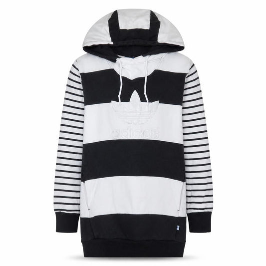 Adidas Women Black White Striped Long Sleeve Hooded Pullover Sweatshirt Size M