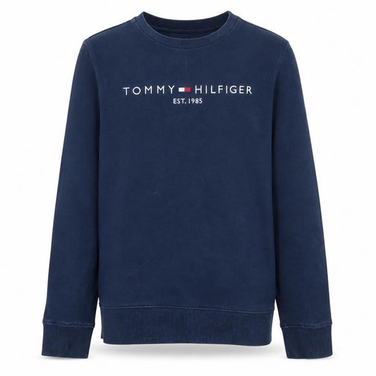 Front view of Tommy Hilfiger boys’ navy blue crew neck cotton sweatshirt, size 164