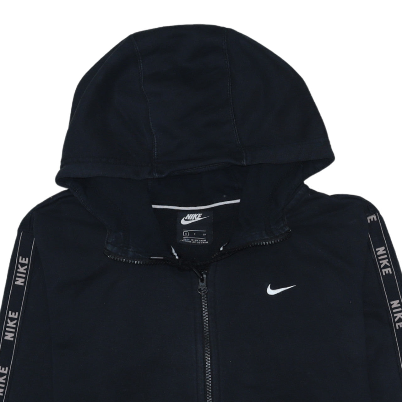 Nike Women's Black Full Zip Hoodie Small Logo Tape Lined Cotton Blend