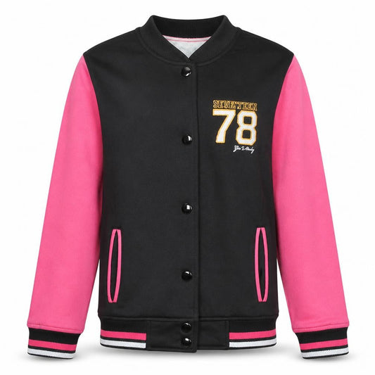 Front view of GO SPORT girls’ black pink varsity jacket 14 years cotton blend lined