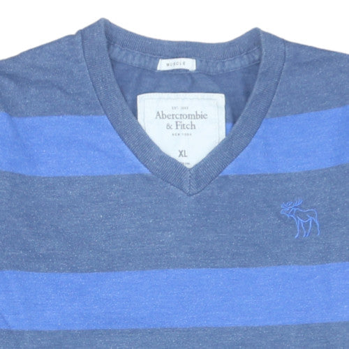 Abercrombie & Fitch Men's Blue Striped V-Neck T-Shirt XL Regular Fit