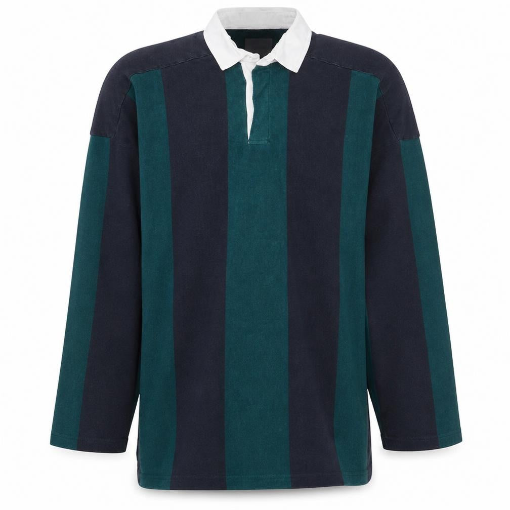 Britches Great Outdoors Men's Green Striped Rugby Polo L Long Sleeve