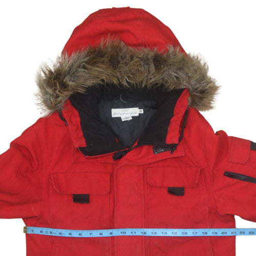H&M L.O.G.G. Men's Red Hooded Parka Coat M Faux Fur Trim Winter Jacket
