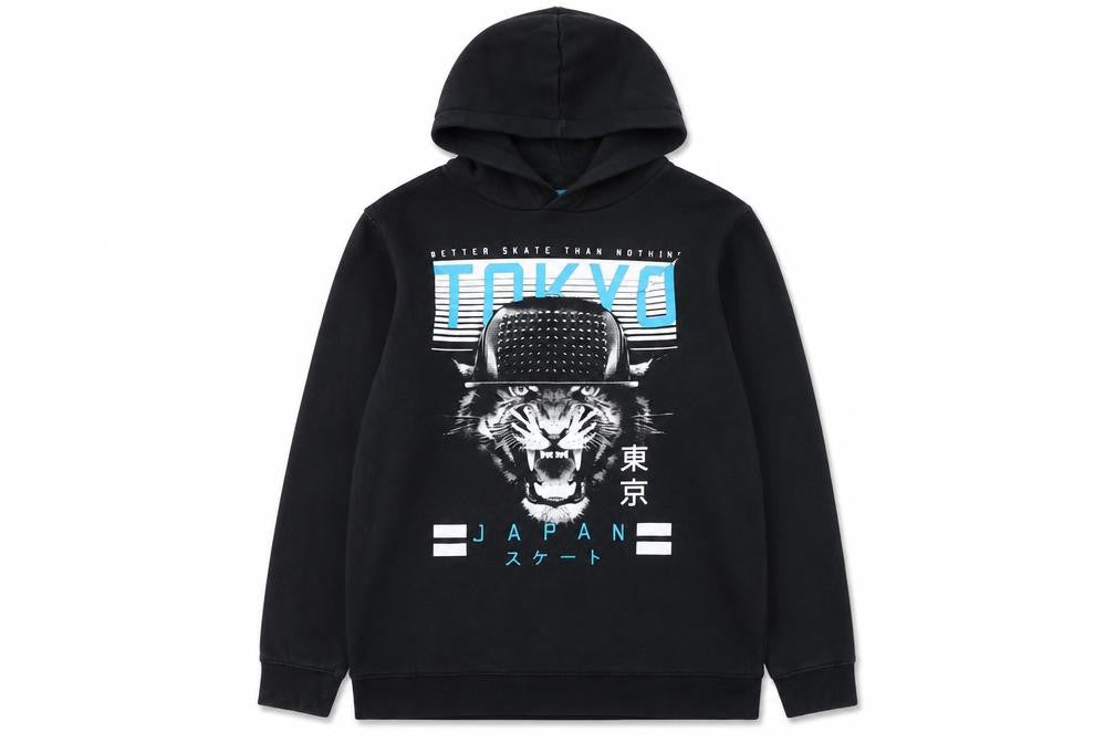 C&A Boys Black Tokyo Tiger Skate Print Pullover Hoodie Size 154