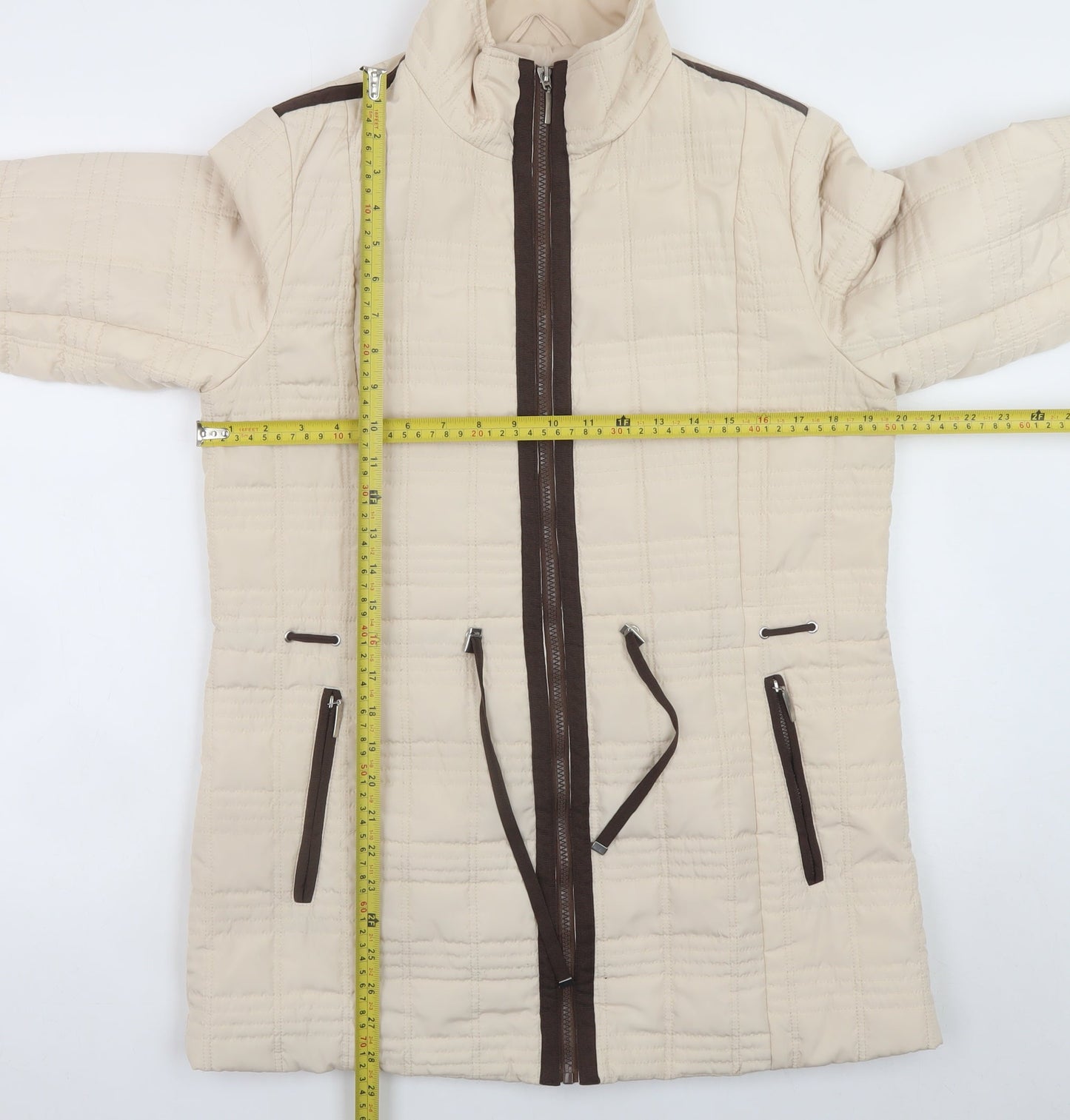 JBC Collection Women Beige Quilted Mid-Length Jacket Size 12 Polyester Zip Padded