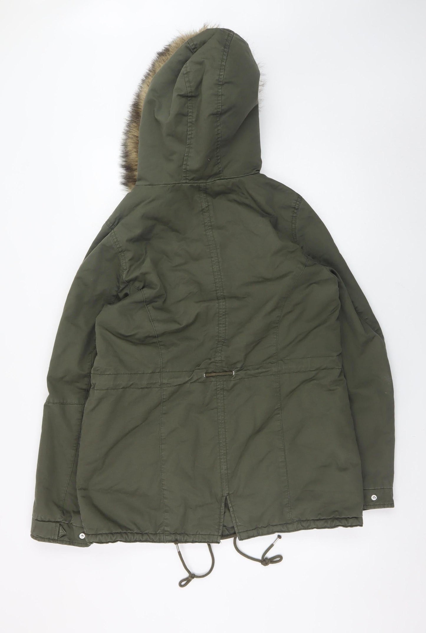 H&M Women's Green Cotton Parka Jacket with Faux Fur Hood Size 12