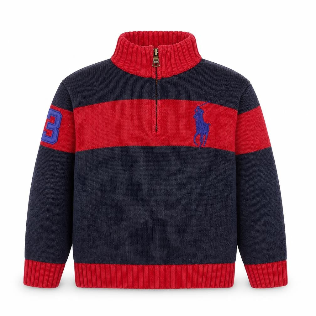 Polo Ralph Lauren Boys Blue & Red 1/2 Zip Cotton Jumper Size 7 Years