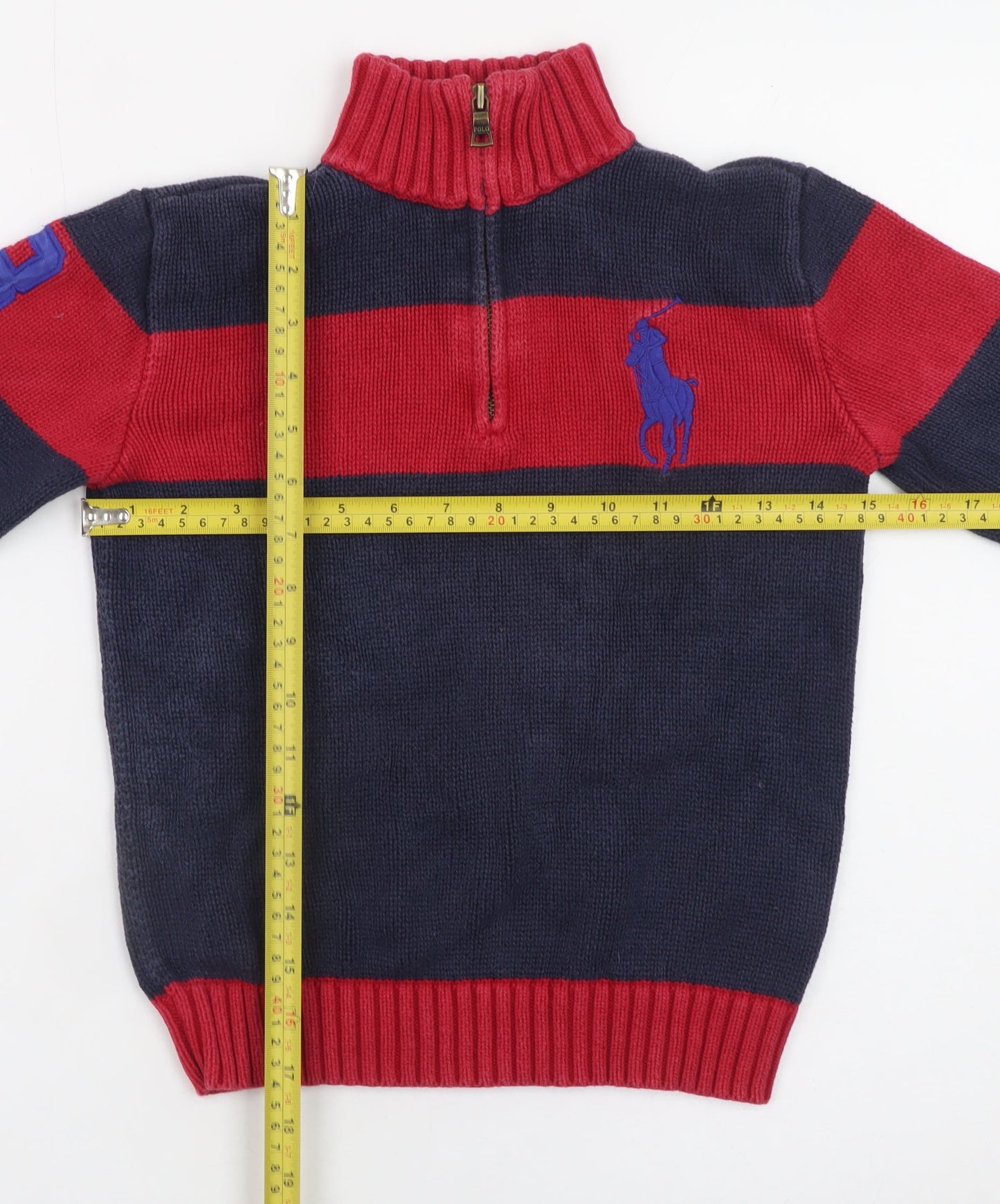 Polo Ralph Lauren Boys Blue & Red 1/2 Zip Cotton Jumper Size 7 Years