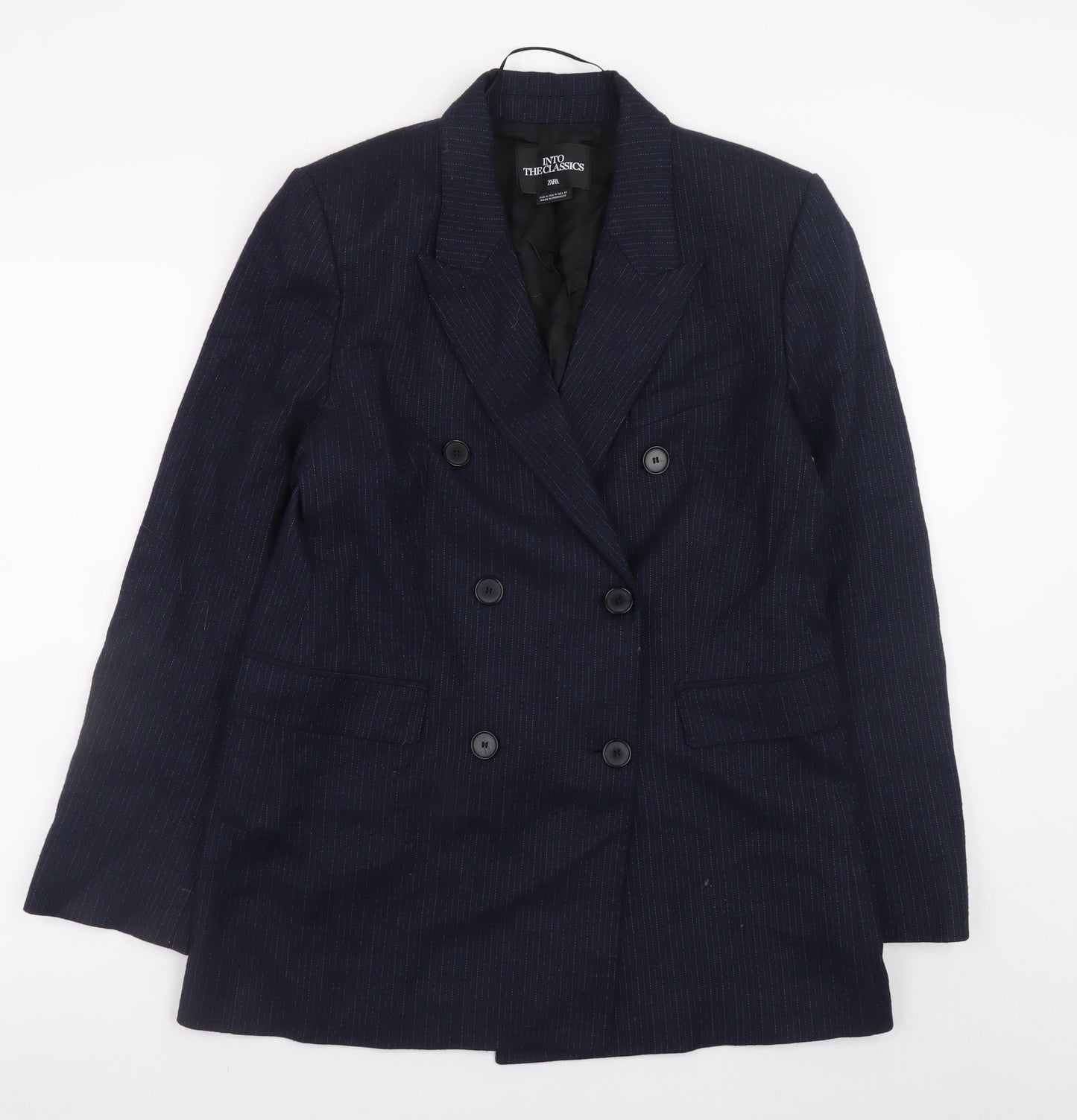 Zara Women Navy Pinstripe Double-Breasted Blazer M Wool Blend