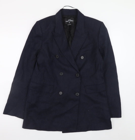 Zara Women Navy Pinstripe Double-Breasted Blazer M Wool Blend