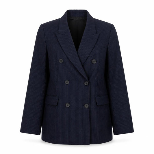 Zara Women Navy Pinstripe Double-Breasted Blazer M Wool Blend