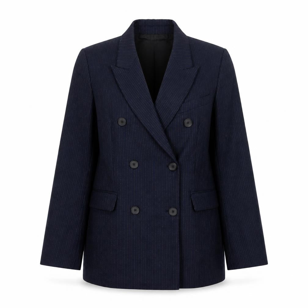 Zara Women Navy Pinstripe Double-Breasted Blazer M Wool Blend
