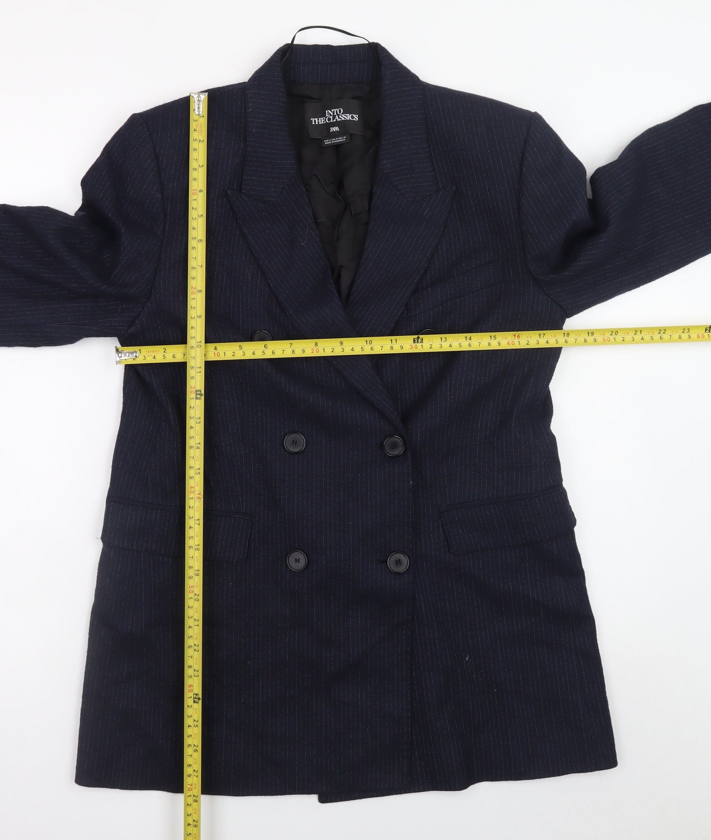 Zara Women Navy Pinstripe Double-Breasted Blazer M Wool Blend