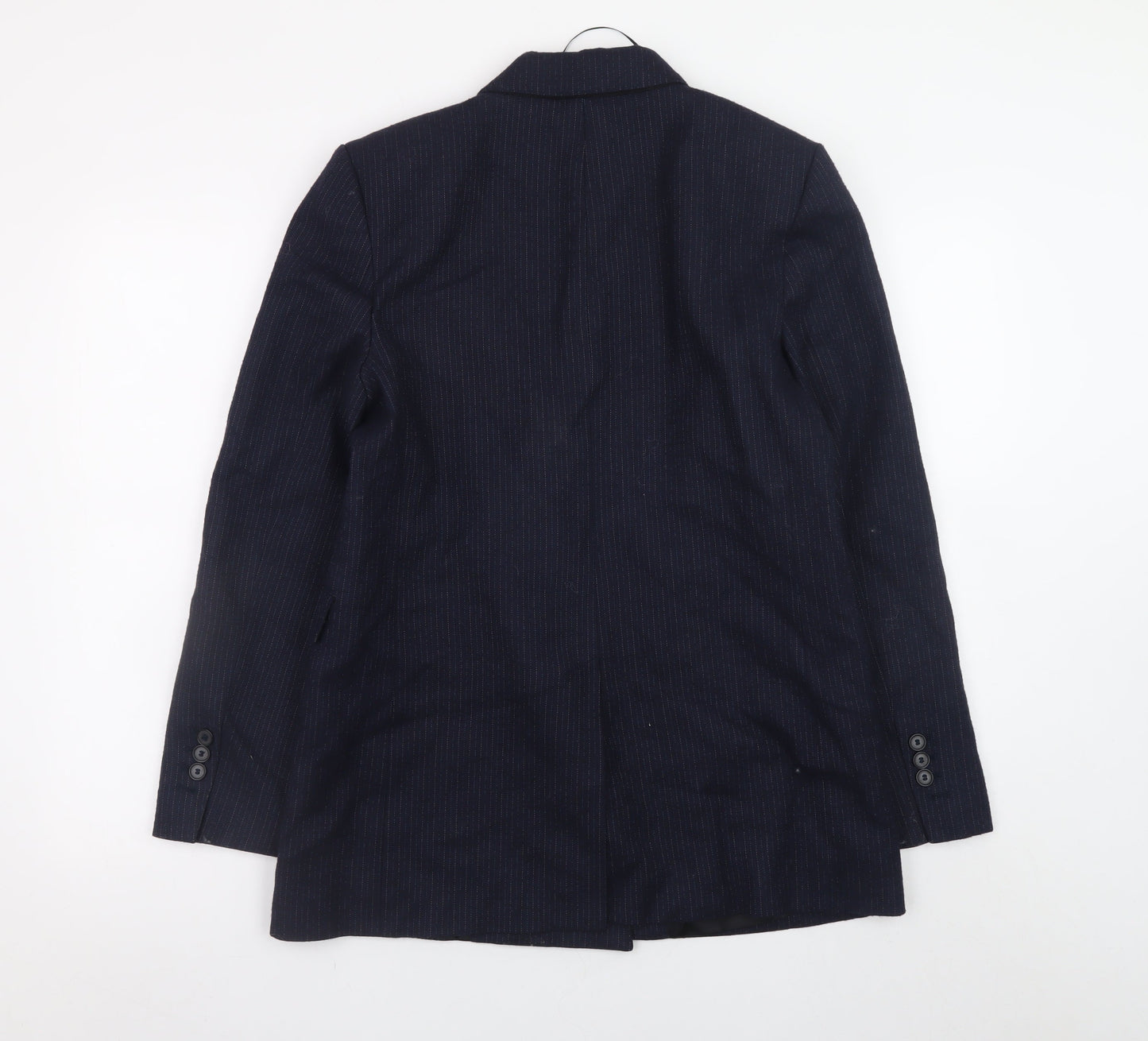 Zara Women Navy Pinstripe Double-Breasted Blazer M Wool Blend
