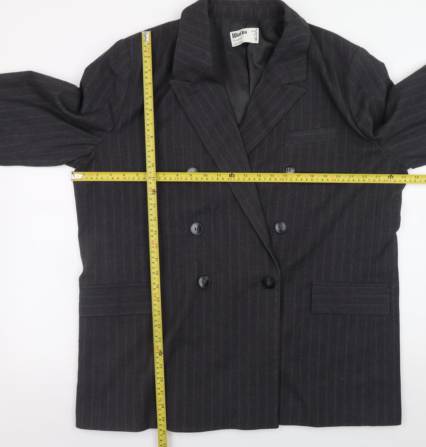 Rita Ora x Primark Womens Black Pinstripe Double Breasted Blazer UK 16