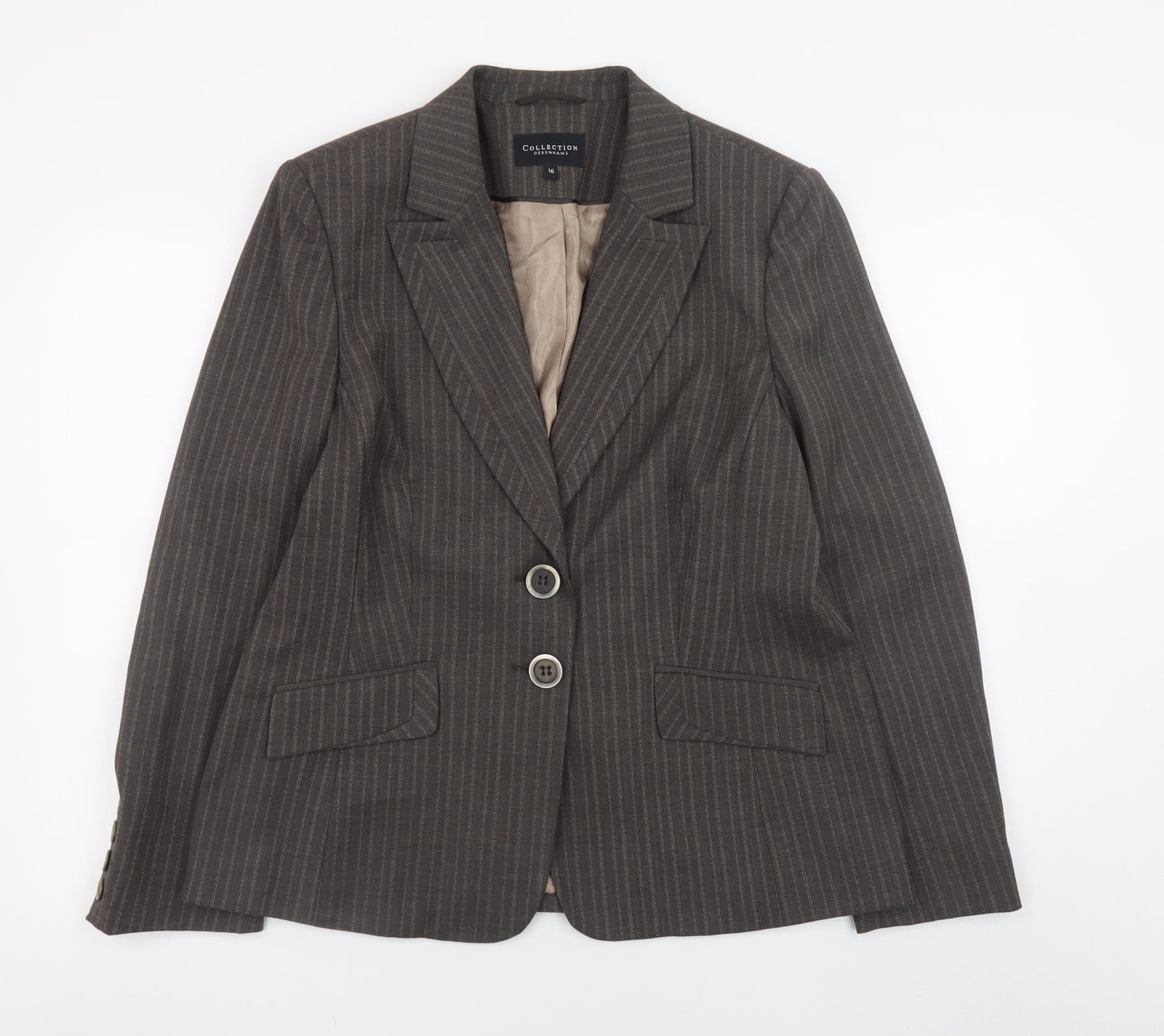 Debenhams Women Brown Pinstripe Blazer Size 16 Single Breasted Lined