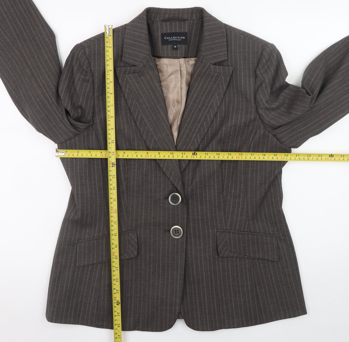 Debenhams Women Brown Pinstripe Blazer Size 16 Single Breasted Lined