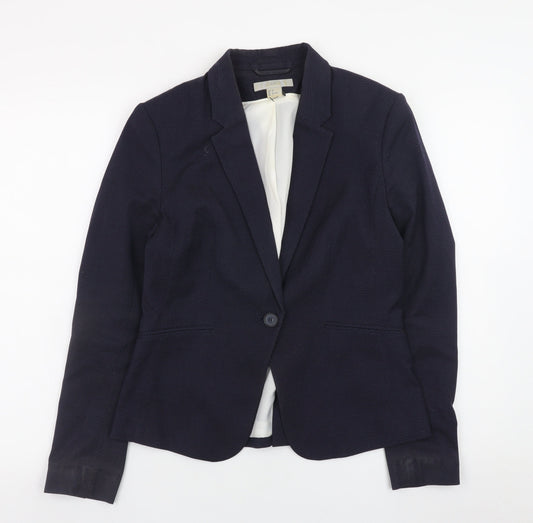 H&M Women Navy Blue Blazer Jacket Size 10 Classic Fitted Style