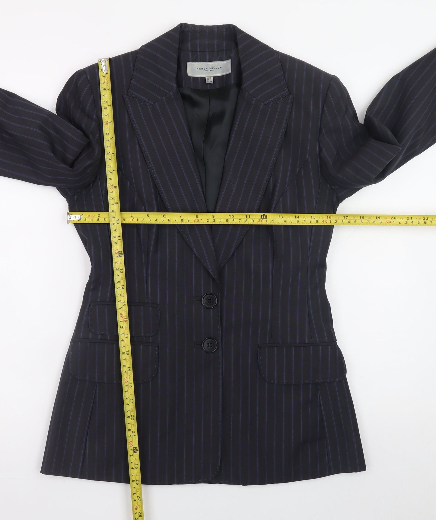 Karen Millen Women's Black Pinstripe Wool Blend Blazer UK 10