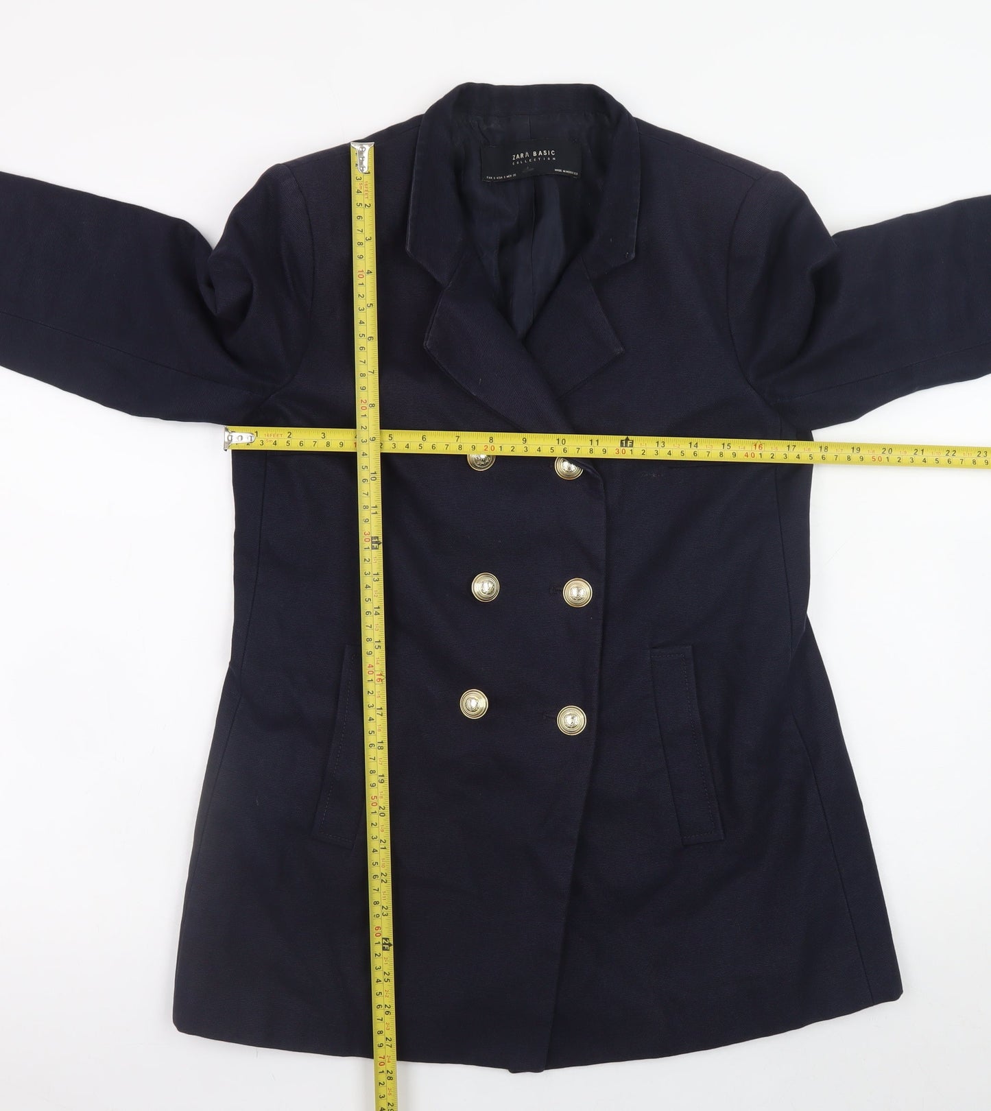 Zara Women's Blue Pea Coat Size 8 Double-Breasted Cotton Blend