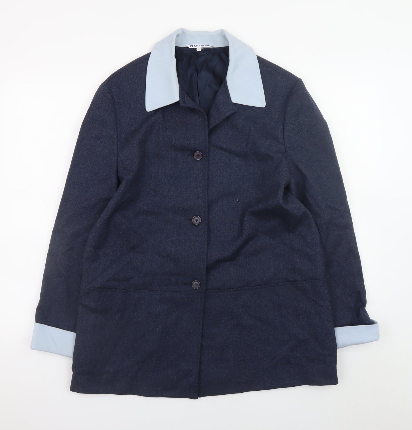 Penny Plain Women's Blue Wool Blend Overcoat Size 12