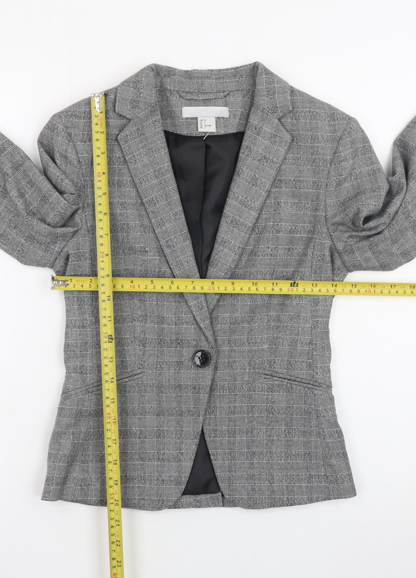 H&M Women Grey Check Slim Fit Blazer Size 4 Classic Workwear
