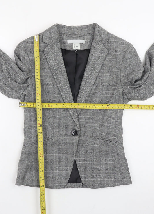 H&M Women Grey Check Slim Fit Blazer Size 4 Classic Workwear