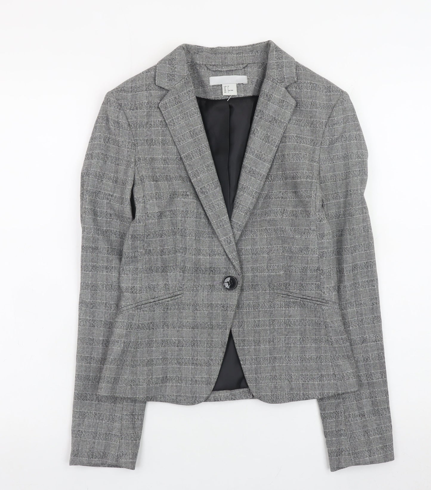 H&M Women Grey Check Slim Fit Blazer Size 4 Classic Workwear
