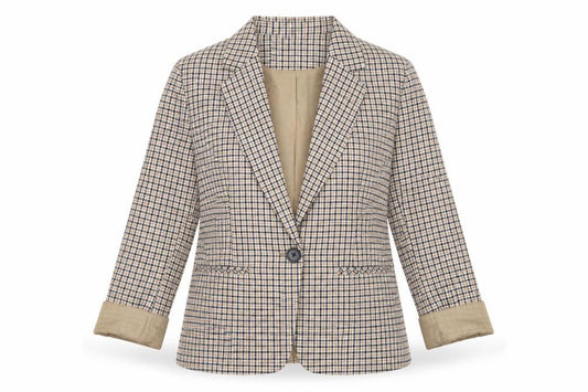 La Redoute Women Beige Check Blazer Size 10 Lined Single-Breasted Jacket