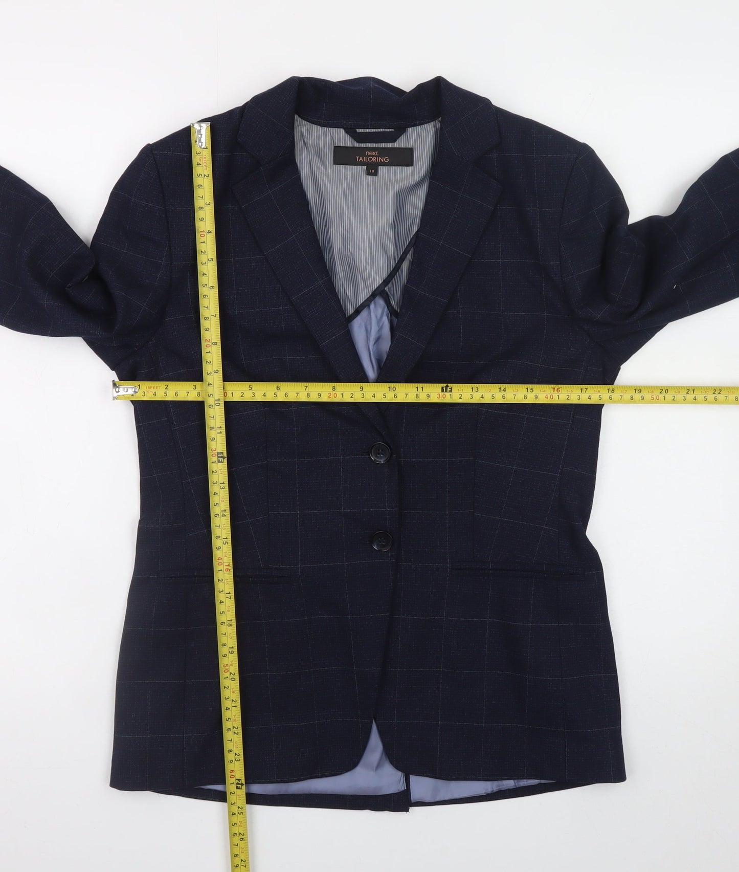 Next Women's Navy Checked Wool Blend Tailored Blazer Size 10