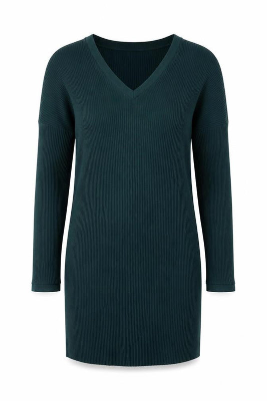 Front view of ASOS Women’s Green, size UK 12, V-Neck Ribbed Bodycon Knit Dress