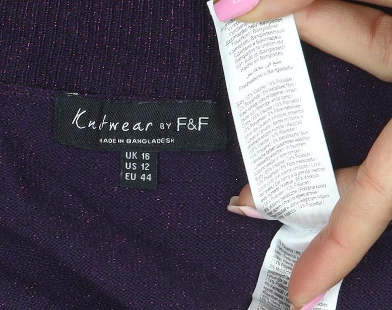 F&F Women’s Purple V-Neck Long Sleeve Acrylic Knit Jumper Size 16