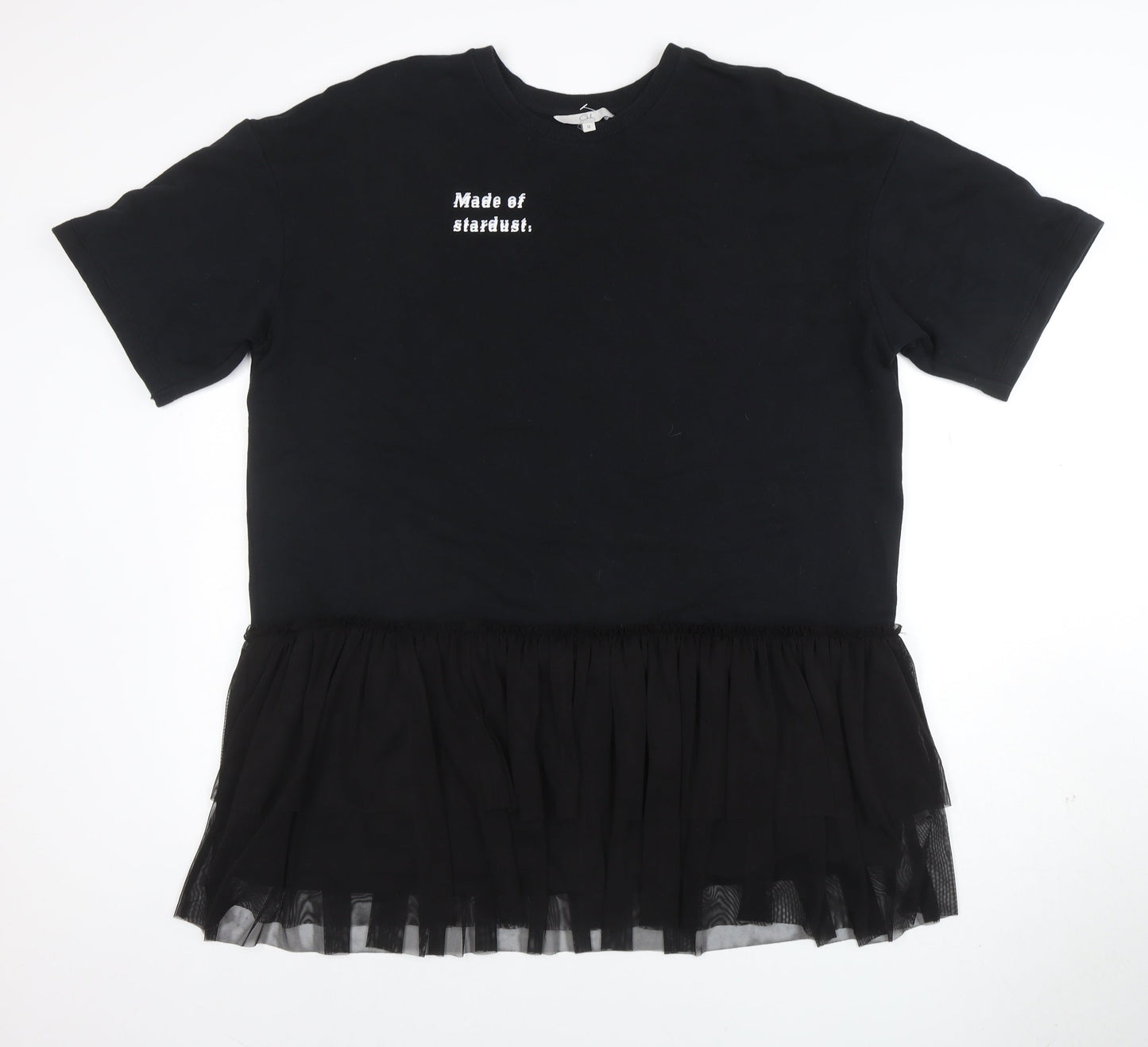 C&A Womens Black M Embroidered T-Shirt Dress with Ruffle Hem