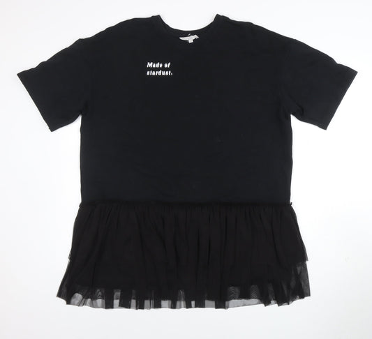C&A Womens Black M Embroidered T-Shirt Dress with Ruffle Hem