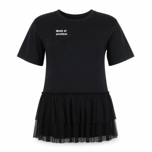 C&A Womens Black M Embroidered T-Shirt Dress with Ruffle Hem