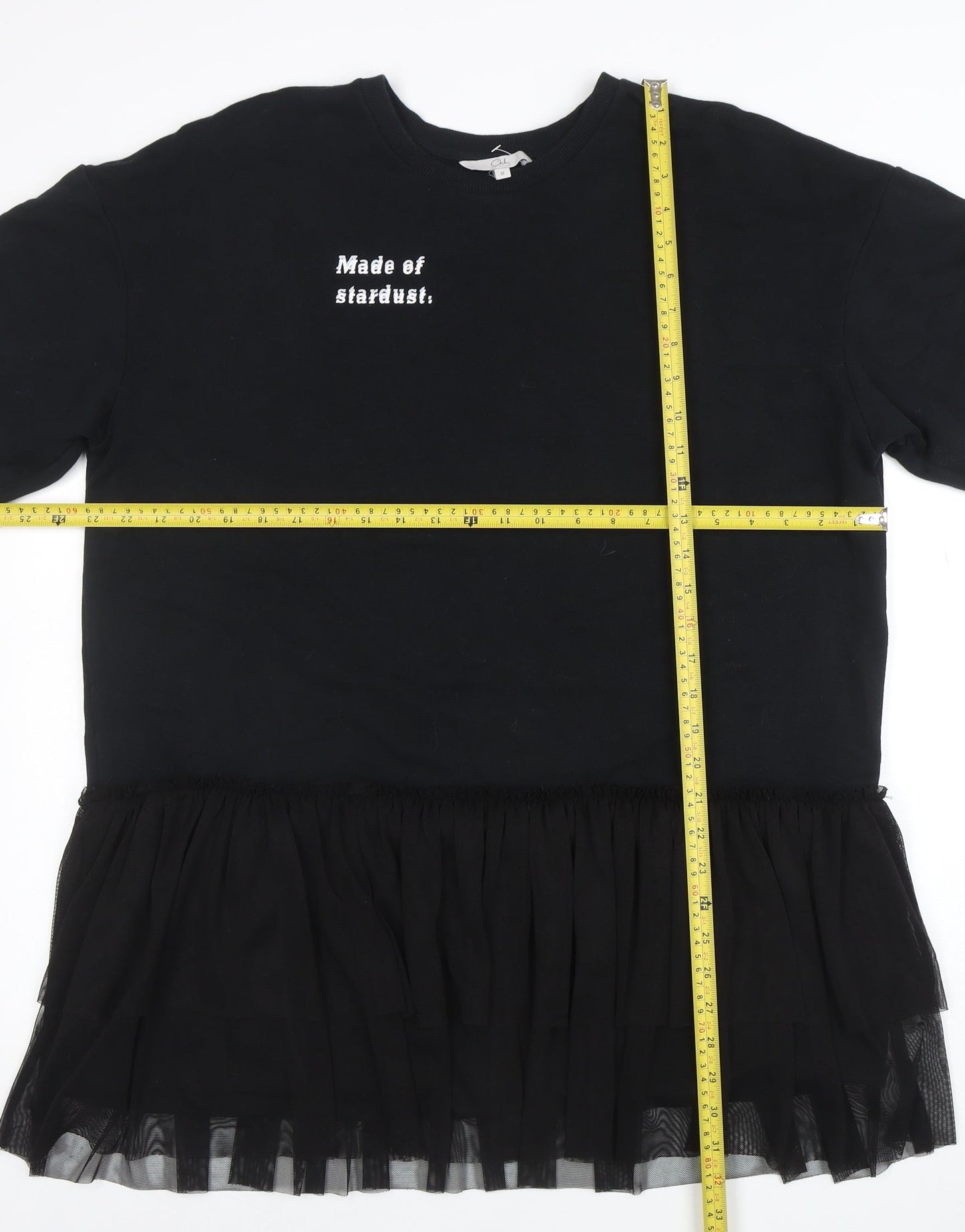 C&A Womens Black M Embroidered T-Shirt Dress with Ruffle Hem