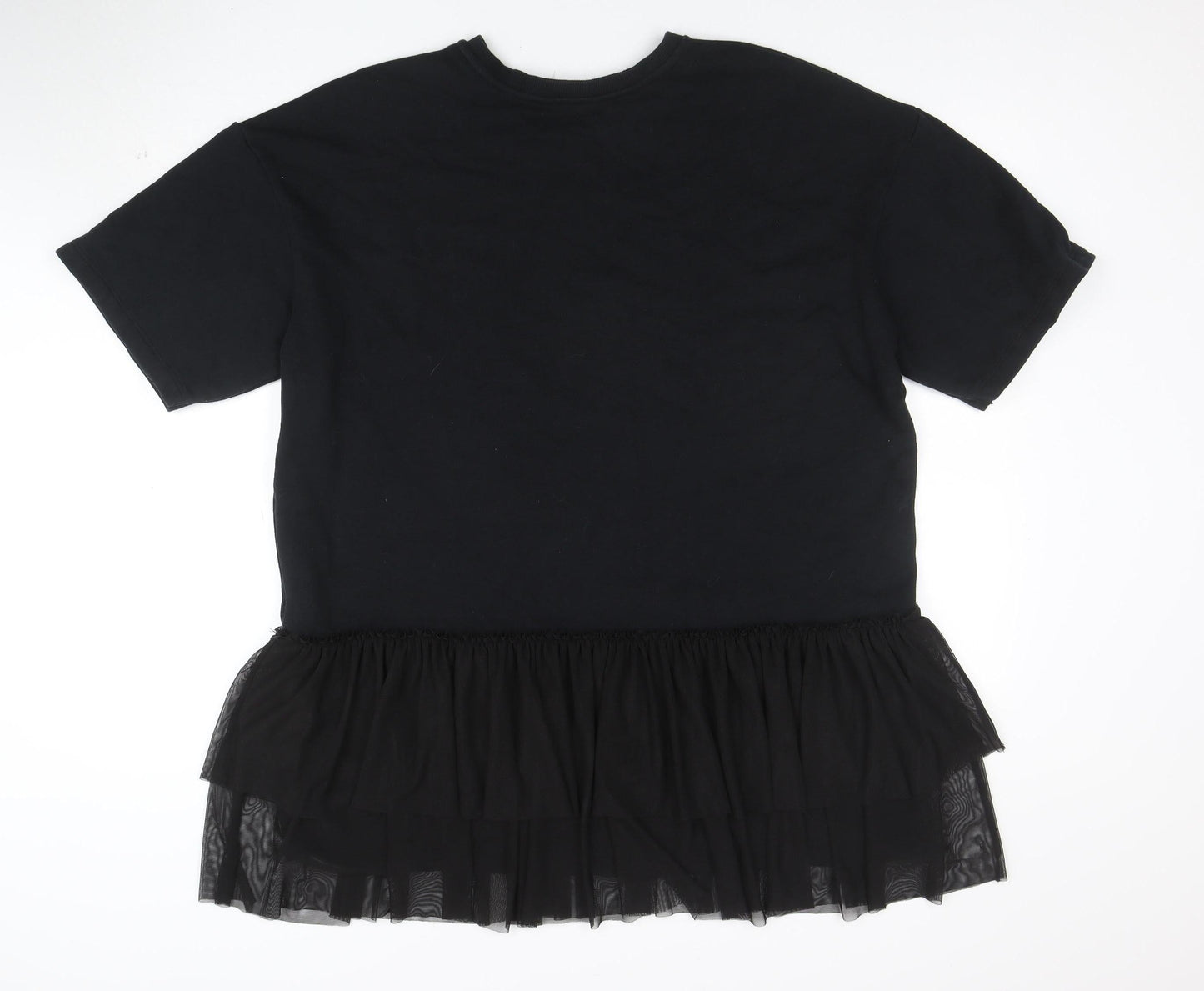 C&A Womens Black M Embroidered T-Shirt Dress with Ruffle Hem