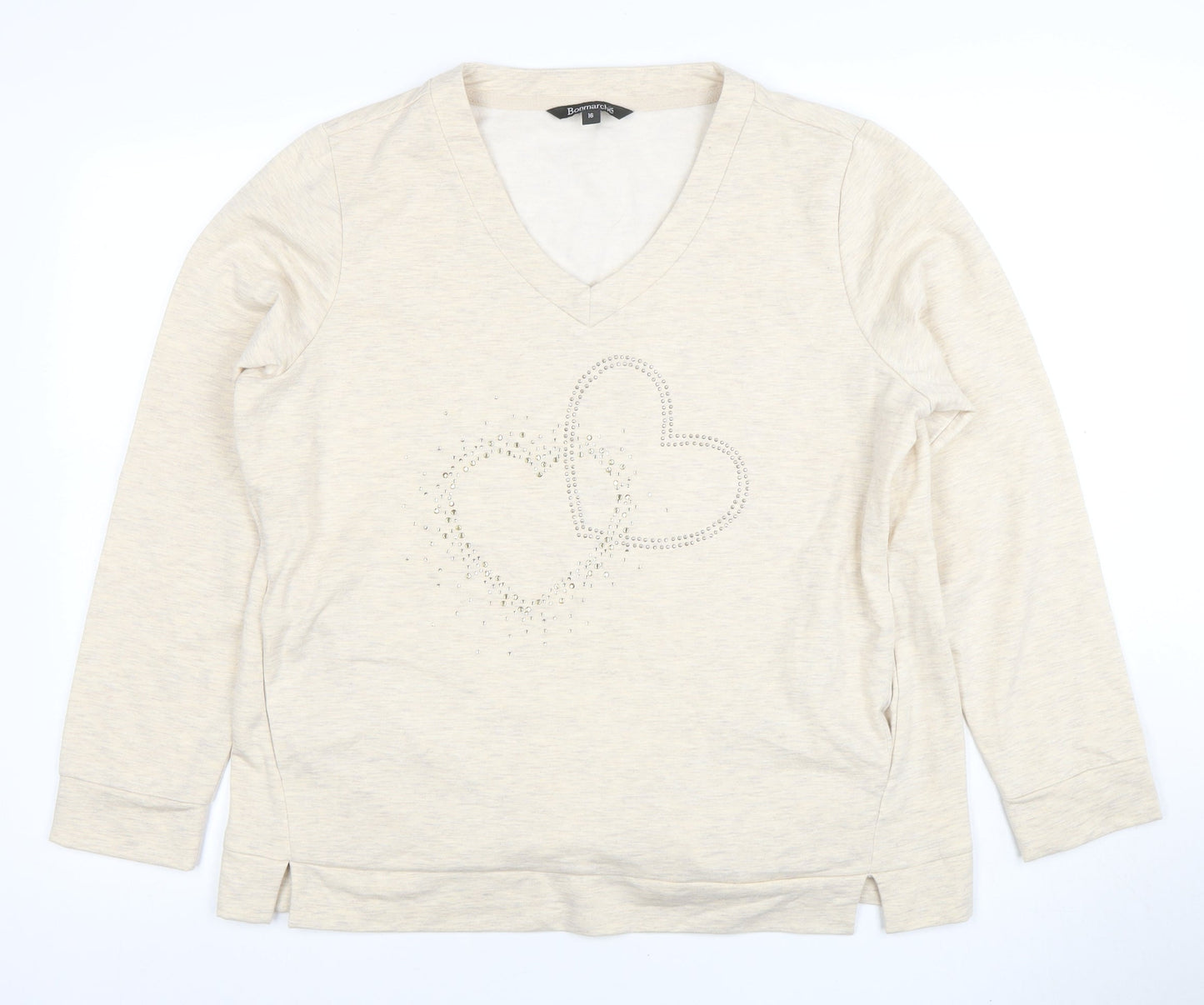 Bonmarche Women’s Beige Heart Studded V-Neck Pullover Sweatshirt Size 16